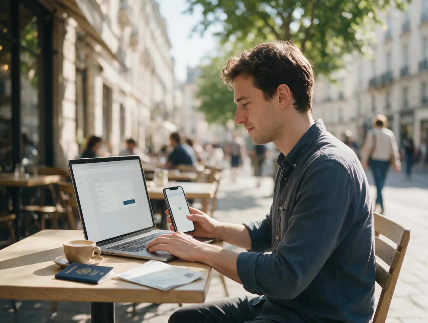 A notary at a café table working from a laptop and a phone, passport and a sealed document beside the coffee